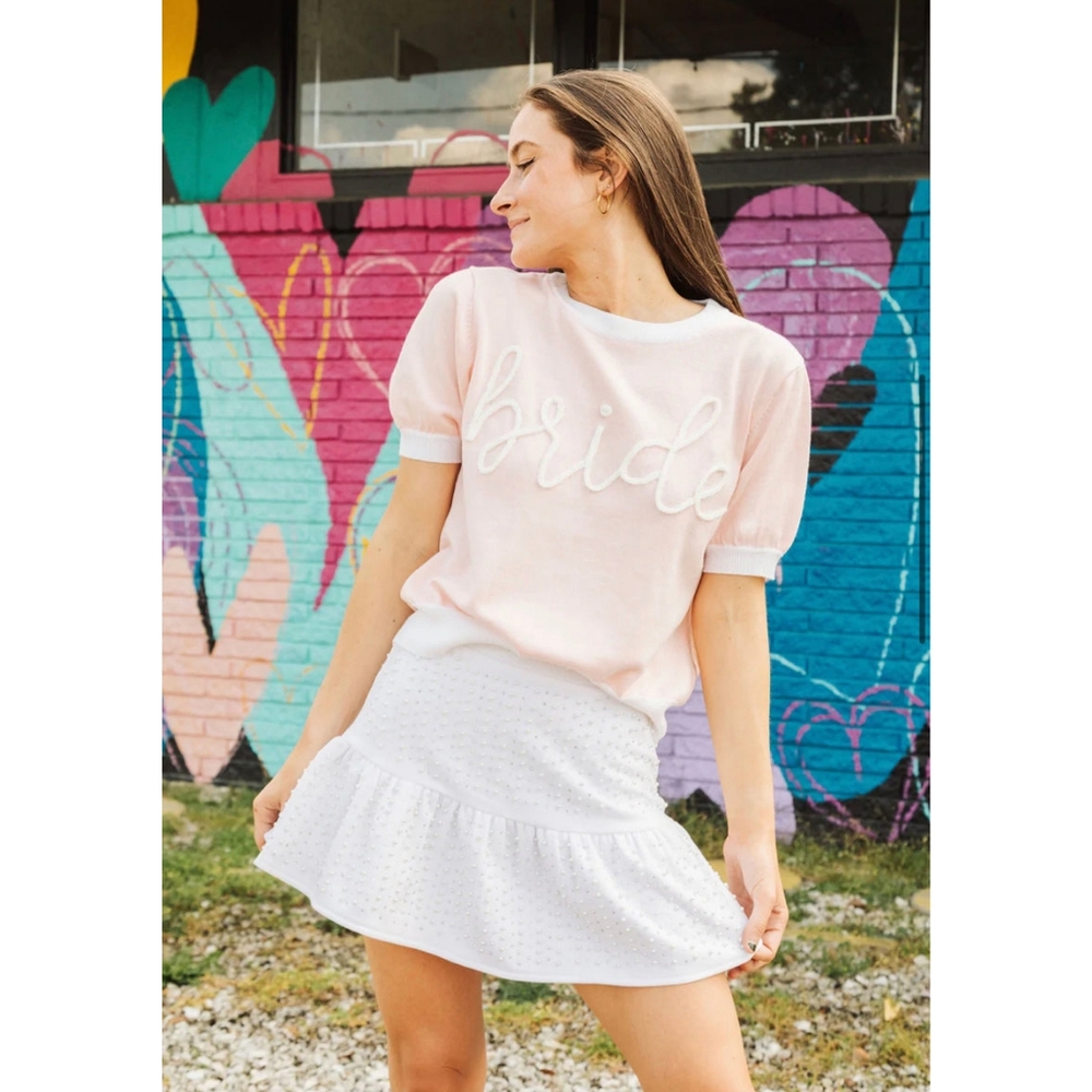 QUEEN OF SPARKLES Bride Glitter Script Sweater Top Pink White XS